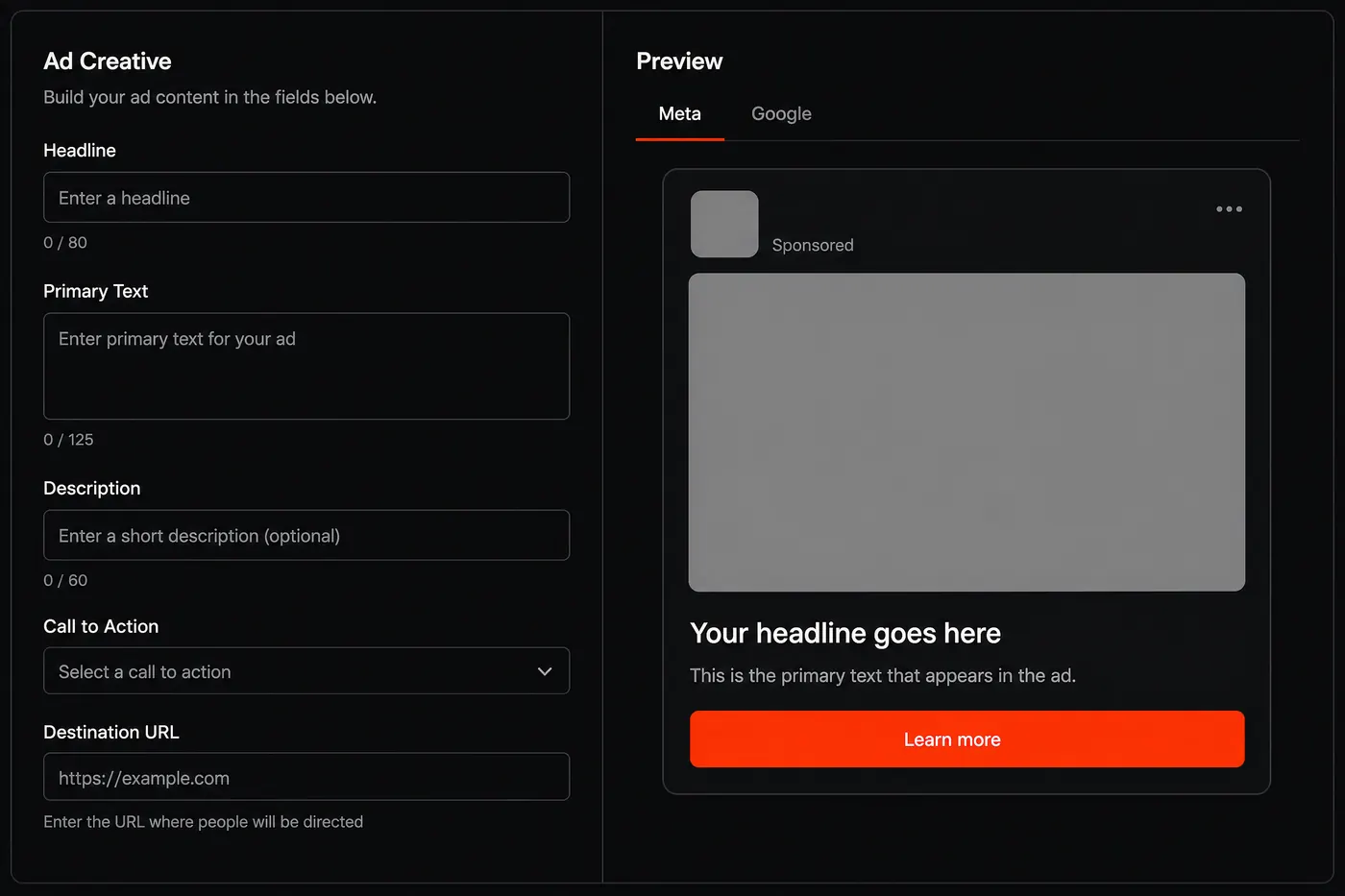 Concept mockup of the ad preview step: on the left an Ad Creative form with empty Headline, Primary Text, Description, Call to Action and Destination URL fields, each under a zeroed character counter; on the right a Preview panel with plain Meta and Google tabs rendering an empty draft ad inside a social feed post frame: blank profile and image placeholders, a Sponsored label, and an orange Learn more button.
