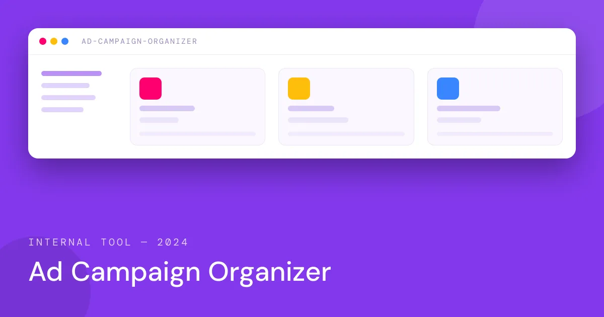Screenshot of the Ad Campaign Organizer app's own share card, showing a dashboard preview with three colored campaign tiles.