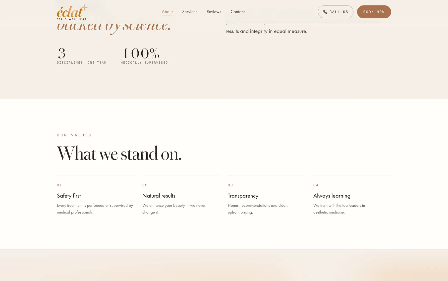 The Éclat about page, with editorial serif headlines over a photograph of the spa interior.