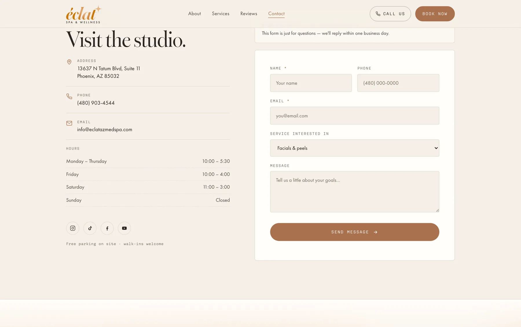 The Éclat contact page, with the booking form and the spa's hours and address.