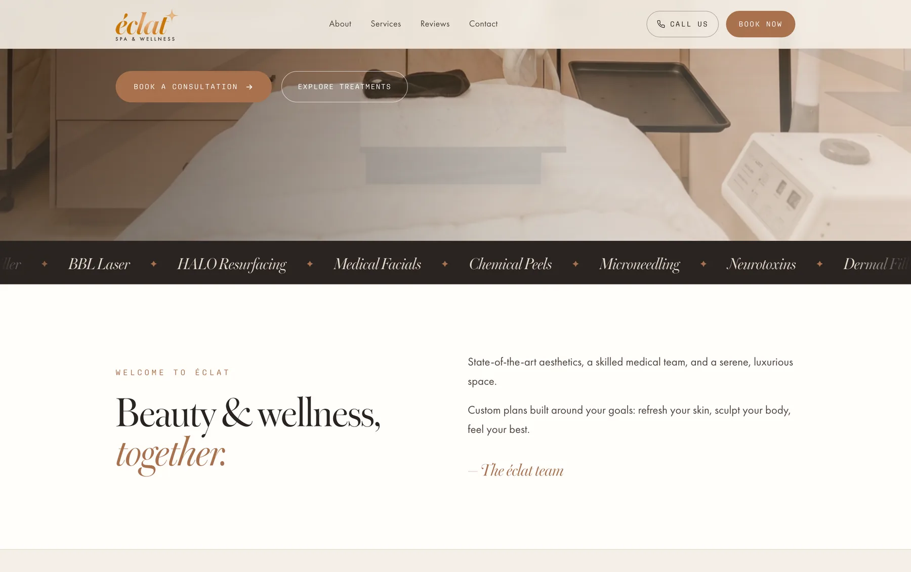 The same Éclat homepage after scrolling: the lockup has shrunk into a fixed navigation bar alongside About, Services, Reviews, Contact and a Book Now button, above the treatment-room photograph, a scrolling band of treatment names, and the welcome section.