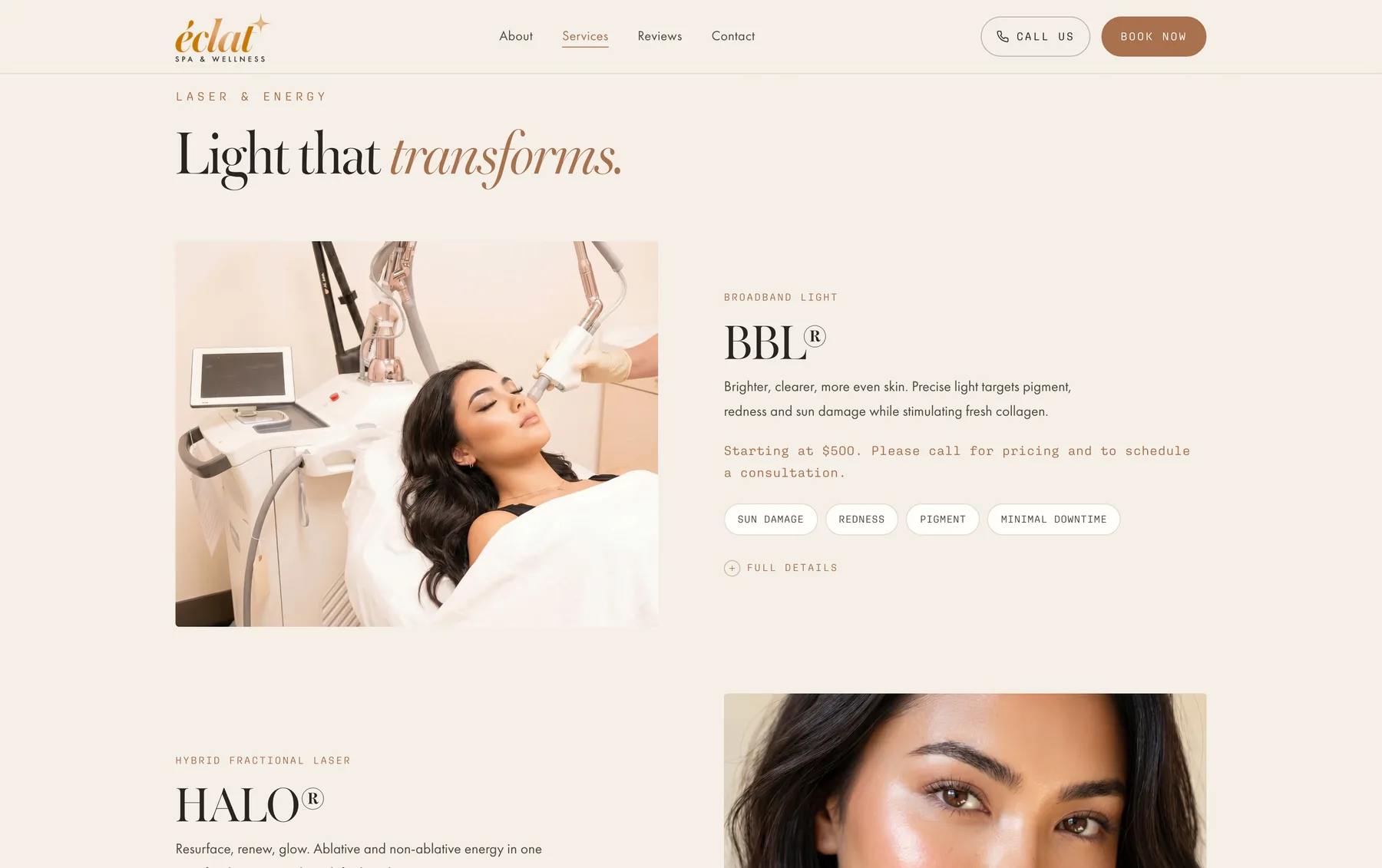 The Éclat services page: the headline 'Light that transforms' in Warbler, beside a photograph of a BBL laser treatment and a description of the Broadband Light service with its concern tags.