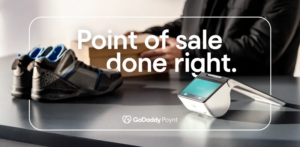 Wide Poynt banner ad: a white terminal on a gray shop counter, black sneakers and a shoebox behind it, a merchant in a black jacket reaching in, all held inside the campaign's rounded white keyline frame with the headline 'Point of sale done right.'