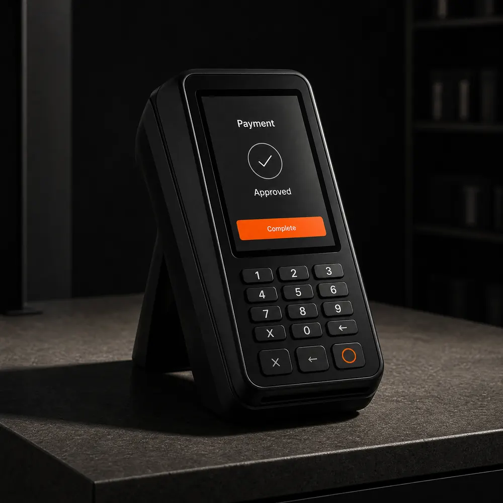Concept illustration: a matte-black point-of-sale terminal on a dark retail counter under hard studio light, one orange confirmation bar glowing on its screen.
