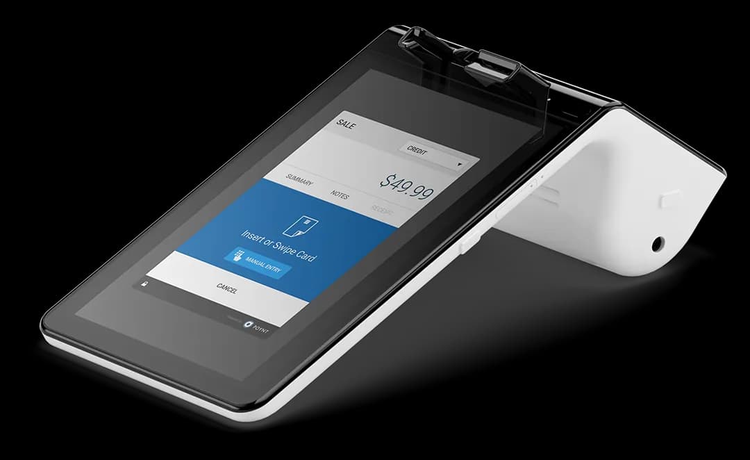 White-background CGI render of the Poynt Smart Terminal from the front, merchant screen showing a $49.99 credit sale with the prompt 'Insert or Swipe Card'.