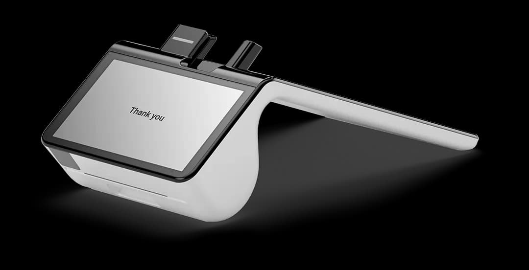 White-background CGI render of the Poynt Smart Terminal from behind at a three-quarter angle, its customer-facing screen reading 'Thank you' above the receipt printer.