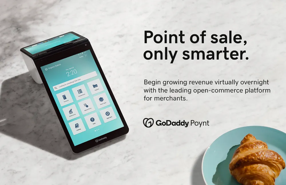 Brand guideline ad: a black Poynt Smart Terminal on a white marble counter beside a croissant on a mint plate, headline 'Point of sale, only smarter.' with body copy and the GoDaddy Poynt lockup to the right.