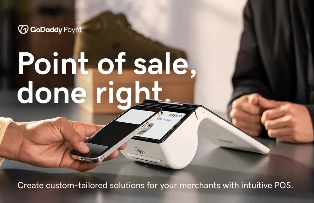 Brand guideline ad: a customer paying by phone tapped against a white Poynt terminal showing $137.50, the merchant's hands folded behind it and a shoebox out of focus, headline 'Point of sale, done right.' with the line 'Create custom-tailored solutions for your merchants with intuitive POS.'