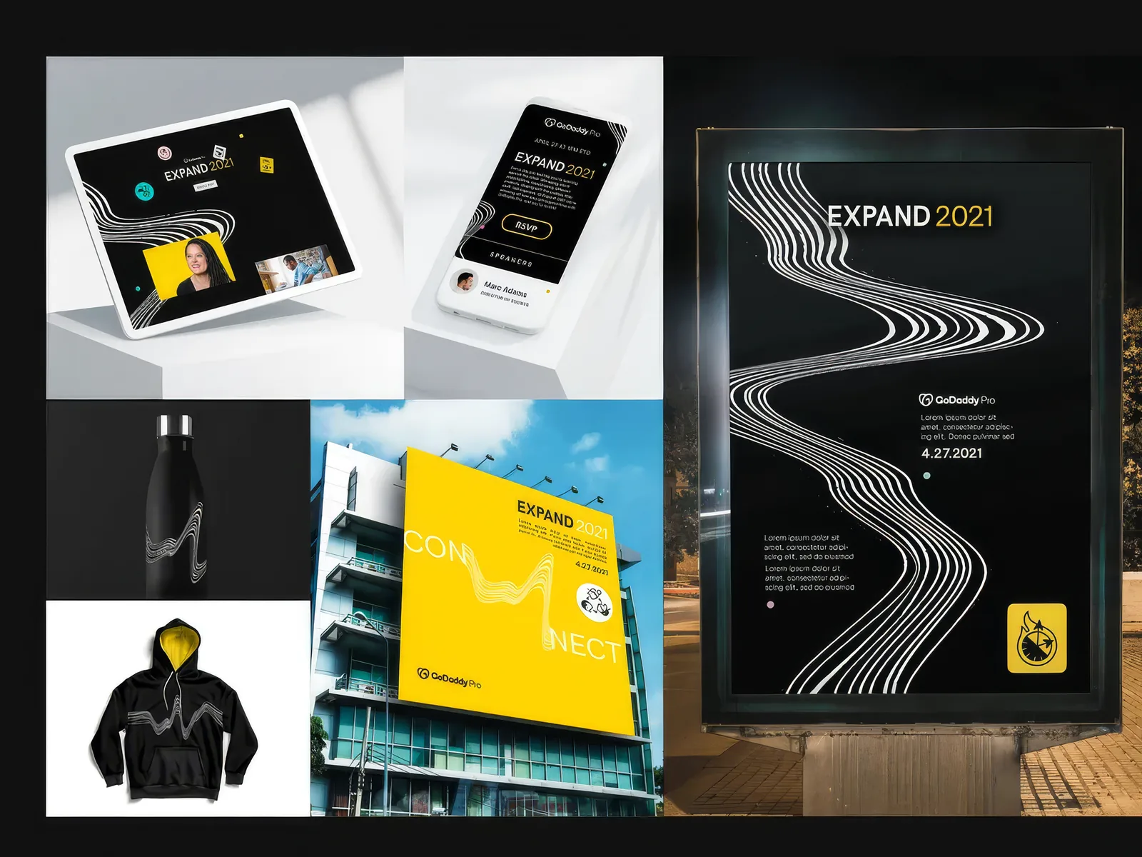 GoDaddy Pro EXPAND 2021 brand identity applied across a billboard, tablet, phone RSVP screen, apparel, and a water bottle.