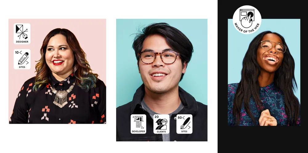 Three GoDaddy Pro member portraits on pink, mint, and black backgrounds, each tagged with line-drawn badges reading DESIGNER, DEVELOPER, CLIENTS, SITES, and MAKER OF THE WEB.
