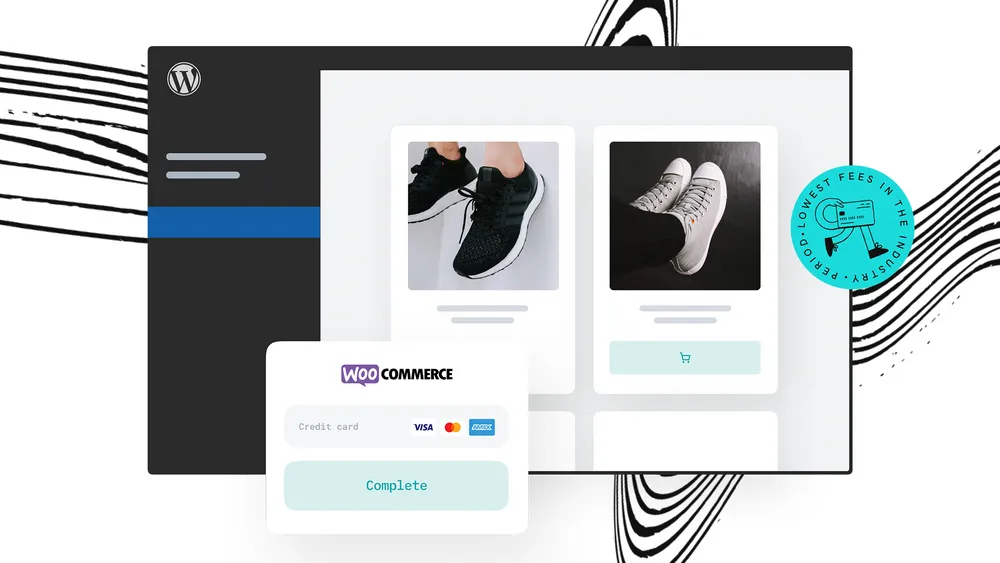 Co-branded ad using the campaign's flowing line mark over a checkout interface mockup, carrying a WordPress mark and the WooCommerce lockup.
