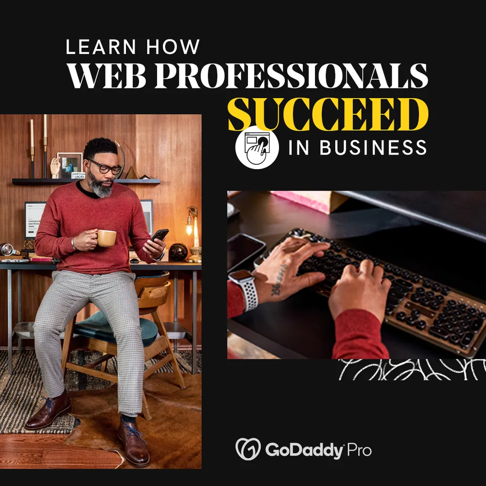 Black ebook prospecting ad reading 'Learn how web professionals succeed in business', pairing a portrait of a designer with a coffee cup and phone in a wood-panelled studio with a close-up of hands on a mechanical keyboard.