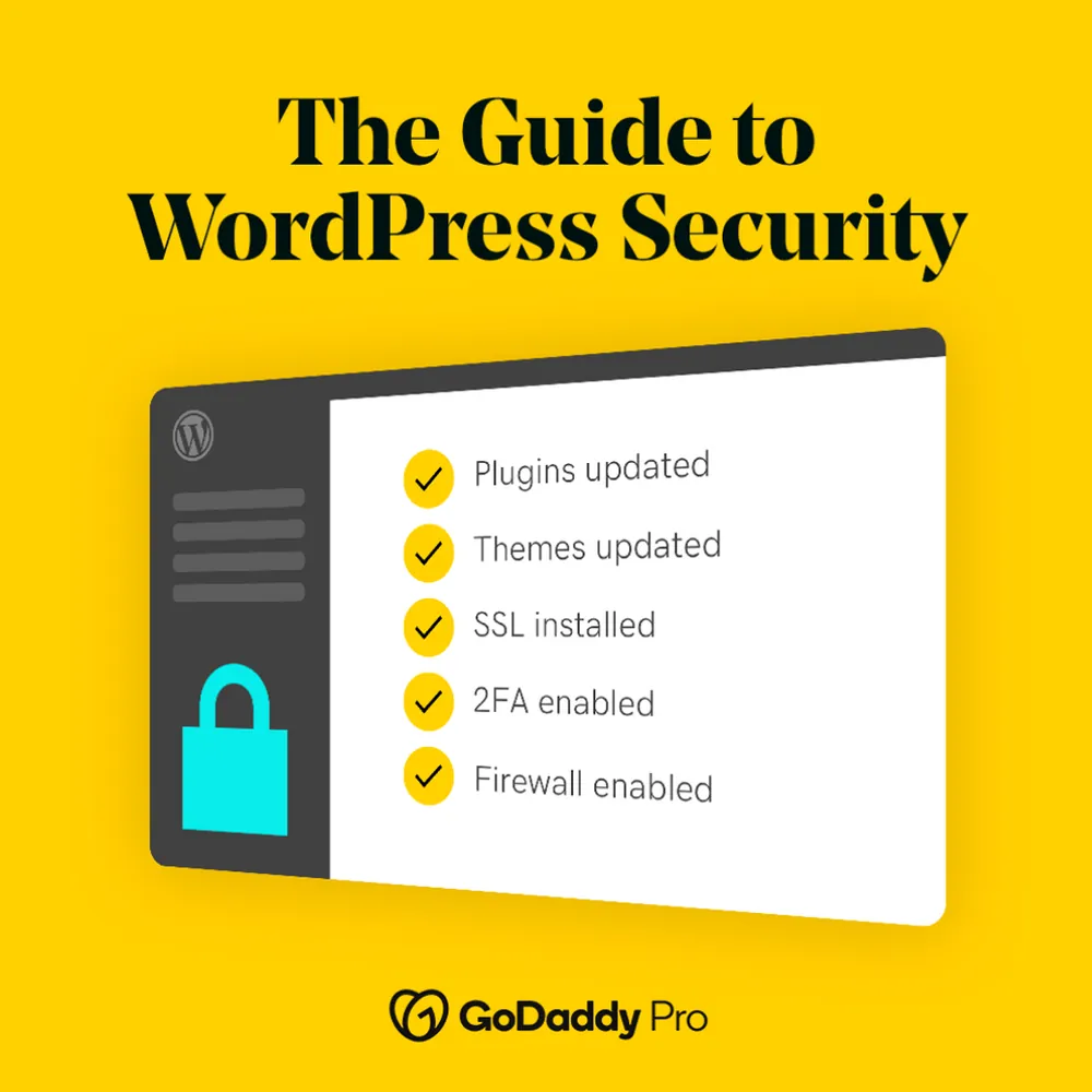 Yellow ebook promo ad for 'The Guide to WordPress Security', with a WordPress dashboard card listing plugins updated, themes updated, SSL installed, 2FA enabled, and firewall enabled beside a cyan padlock.