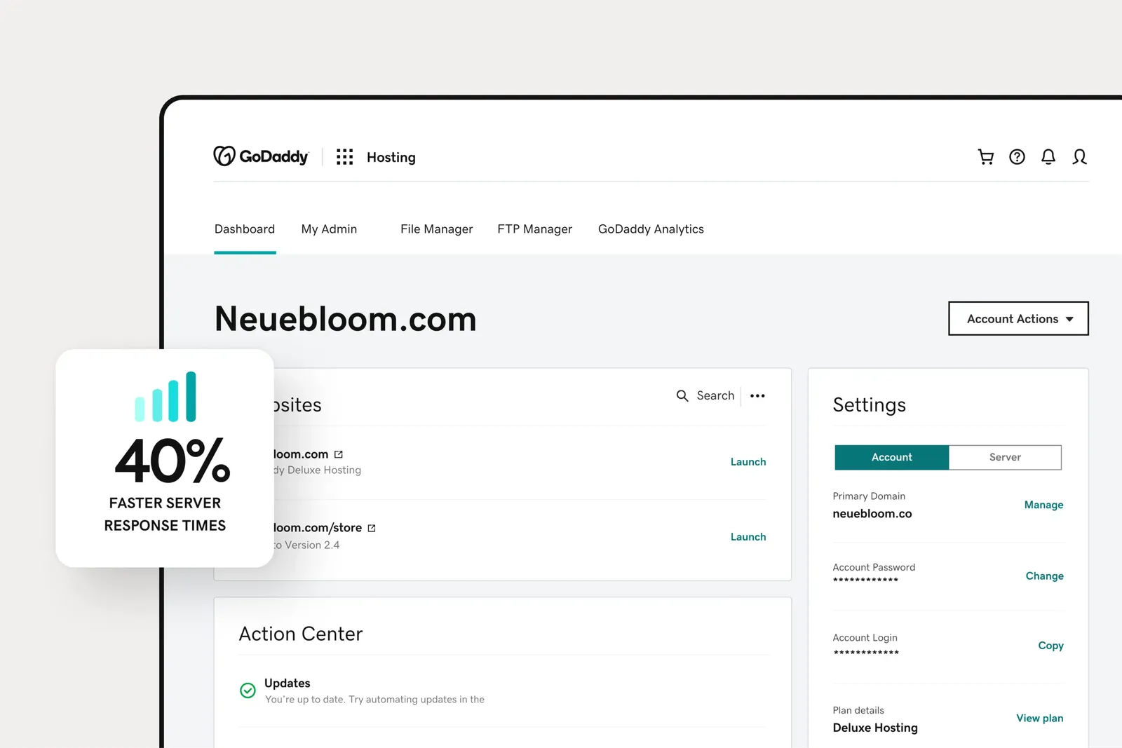 Hosting ad showing a GoDaddy-branded hosting dashboard with a callout reading '40% faster server response times.'
