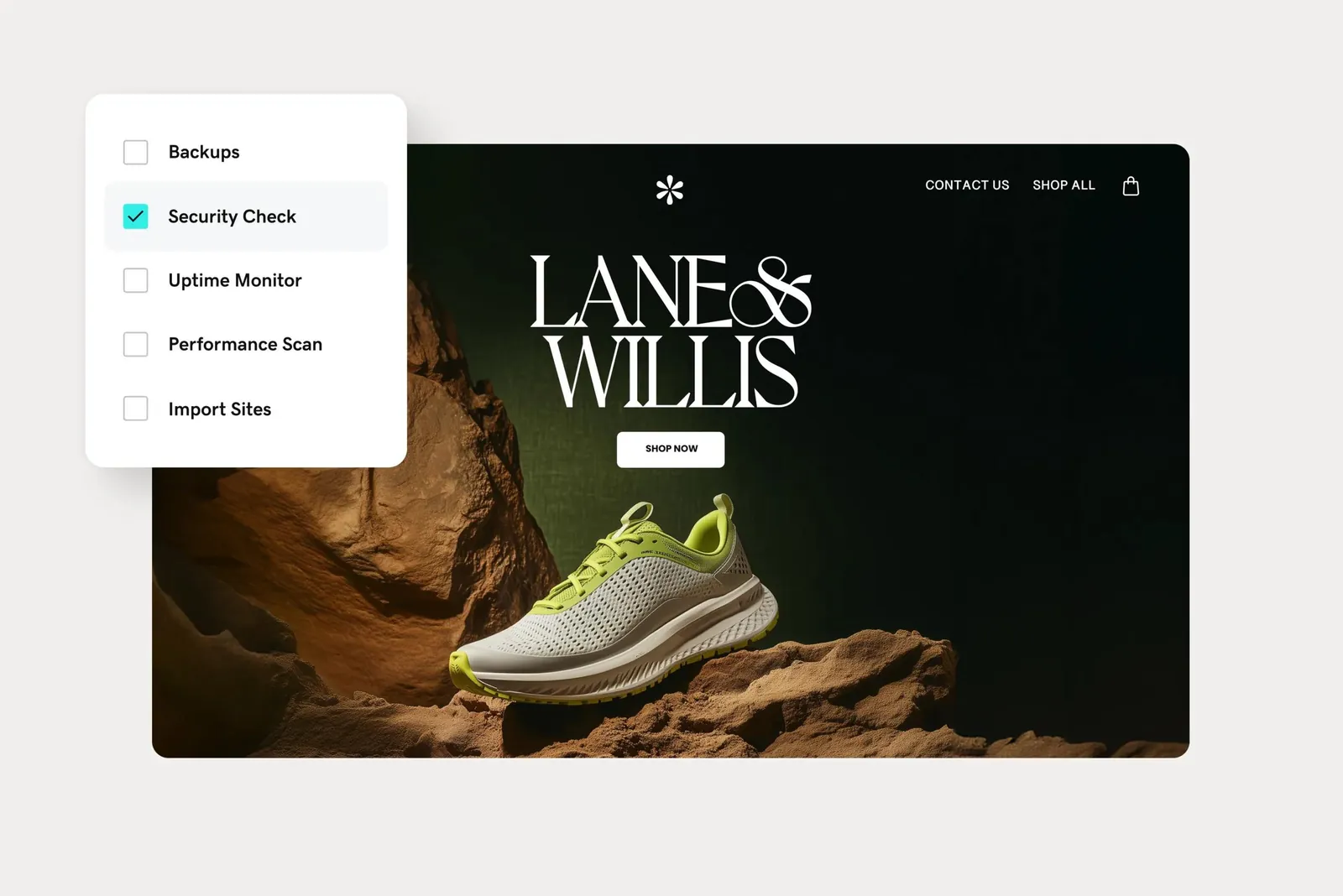 Product marketing image of a client's shoe-brand homepage with a floating Hub task panel over it offering backups, security check, uptime monitor, performance scan, and import sites.