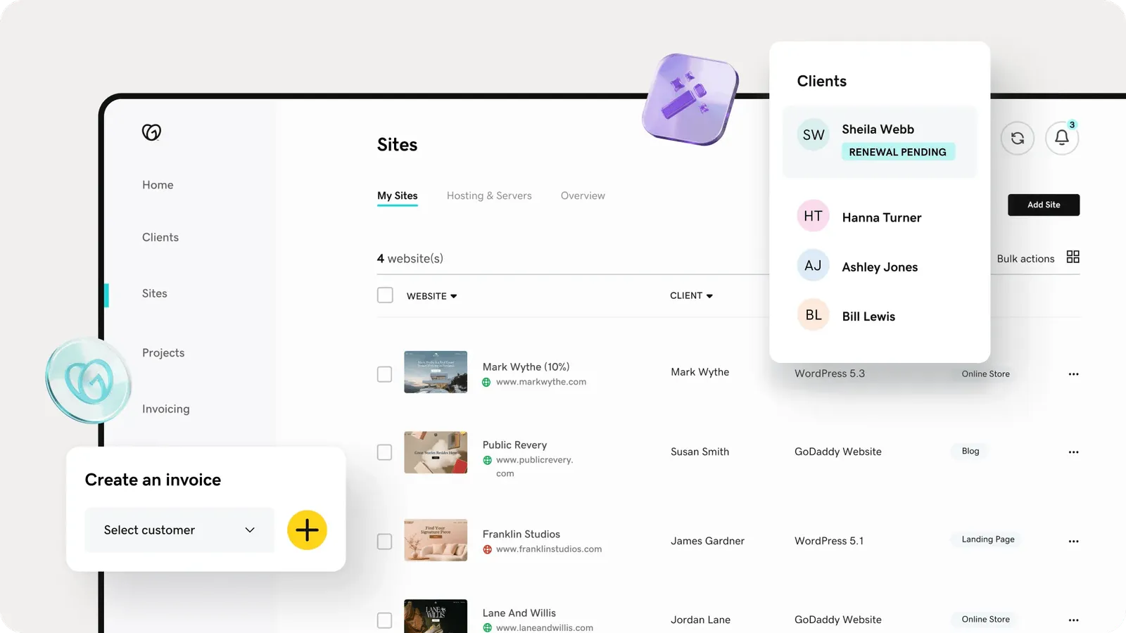 Marketing hero for the GoDaddy Pro Hub dashboard, showing the client sites list and account tools.