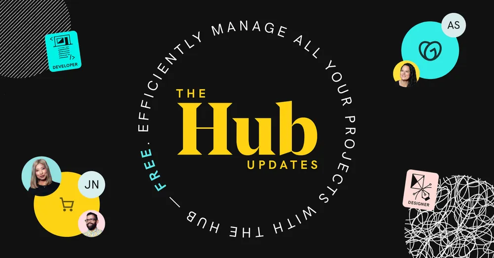 Black banner for The Hub, its wordmark set in yellow inside a ring of type reading 'Free. Efficiently manage all your projects with the Hub', surrounded by member portraits in circular crops and designer and developer badge stickers.