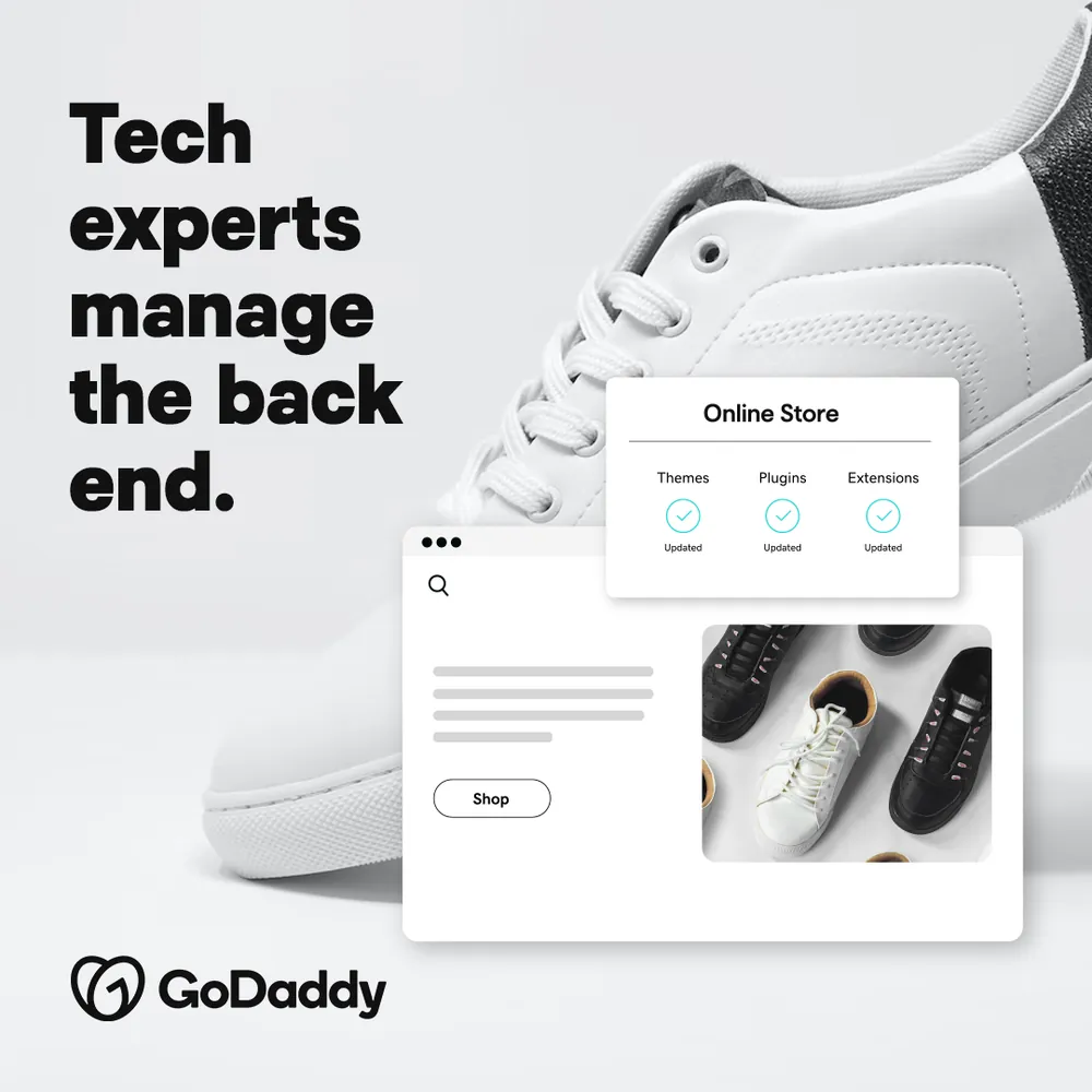 Paid social ad on white: an oversized white sneaker behind a floating online-store window and a panel showing themes, plugins, and extensions marked updated, headline 'Tech experts manage the back end.'