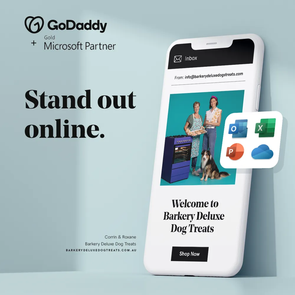 Paid social ad on a pale blue set: a phone showing a small business email and website next to floating Outlook, Excel, PowerPoint, and OneDrive icons, headline 'Stand out online.' with a GoDaddy plus Gold Microsoft Partner lockup.