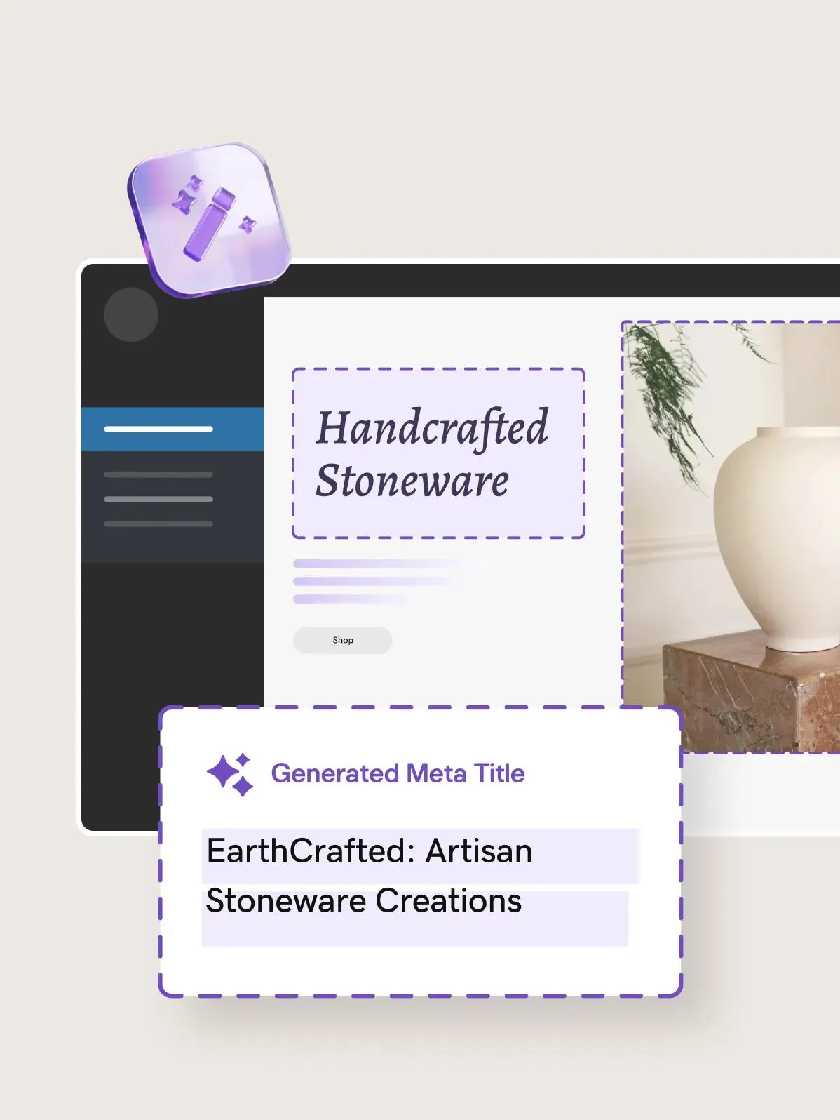 Product marketing image of a site editor for a handcrafted stoneware shop, with a purple SEO assistant panel generating a meta title for the page.