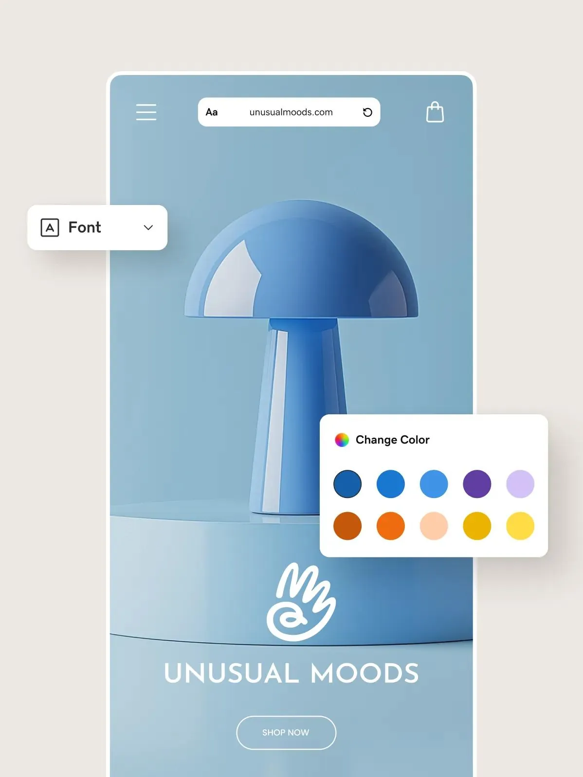 Product marketing image of a mobile storefront for a lamp brand, with floating font-picker and color-swatch controls from the website builder overlaid on it.