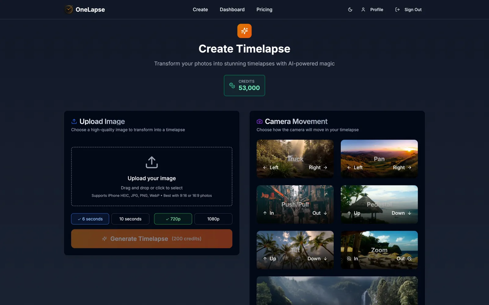 OneLapse create-timelapse screen with an image upload panel and a camera movement picker.