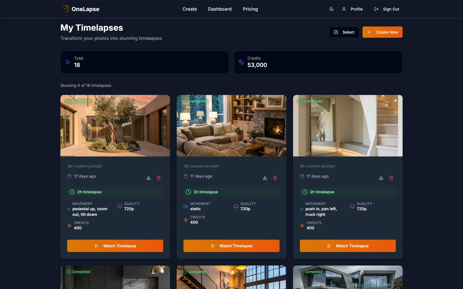 OneLapse dashboard showing a grid of generated timelapse thumbnails from real estate and interior photos, each marked completed.
