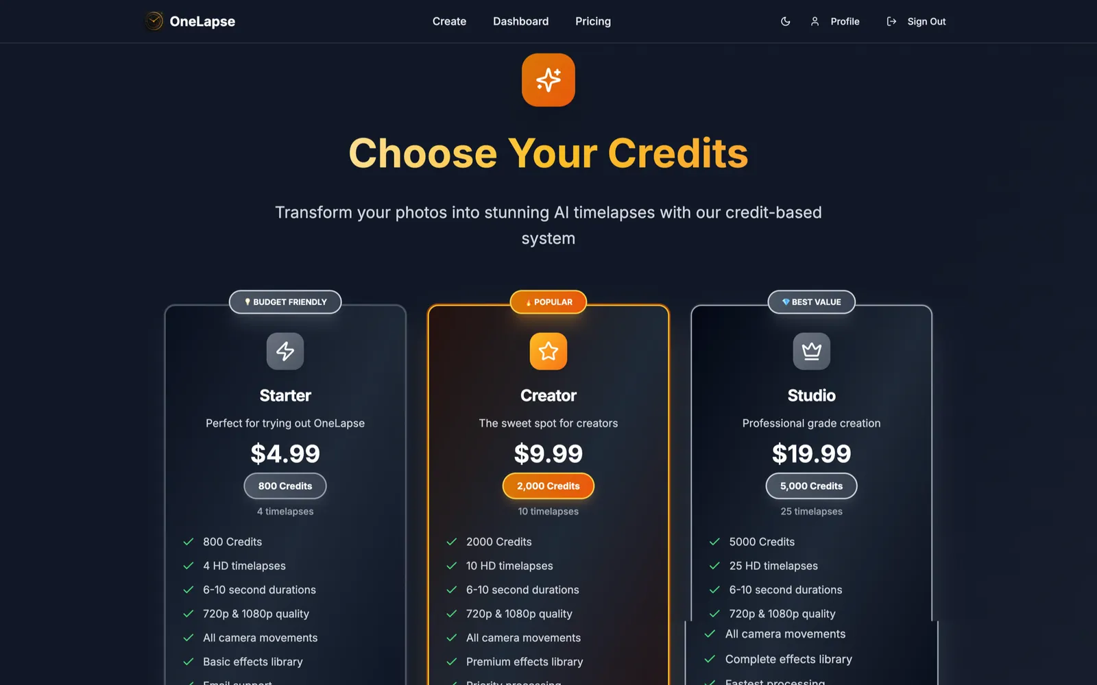 OneLapse pricing screen with three credit tiers and a highlighted middle plan.