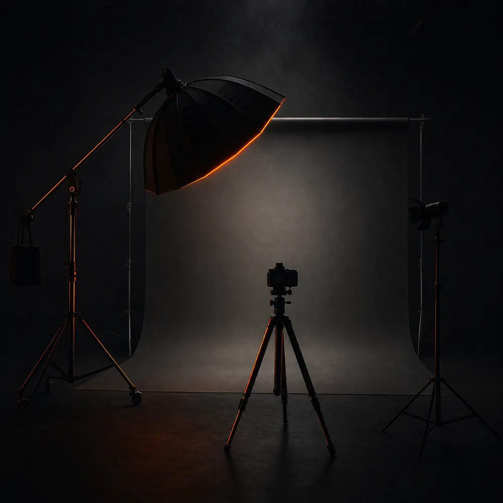 Concept illustration: an empty photography studio set — softbox, light stand and tripod in silhouette, raked by a single orange rim light.