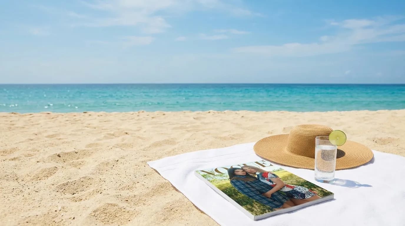 Generated lifestyle mockup: the magazine cover on a white towel in the sand next to a straw hat and a glass of water, ocean in the background.
