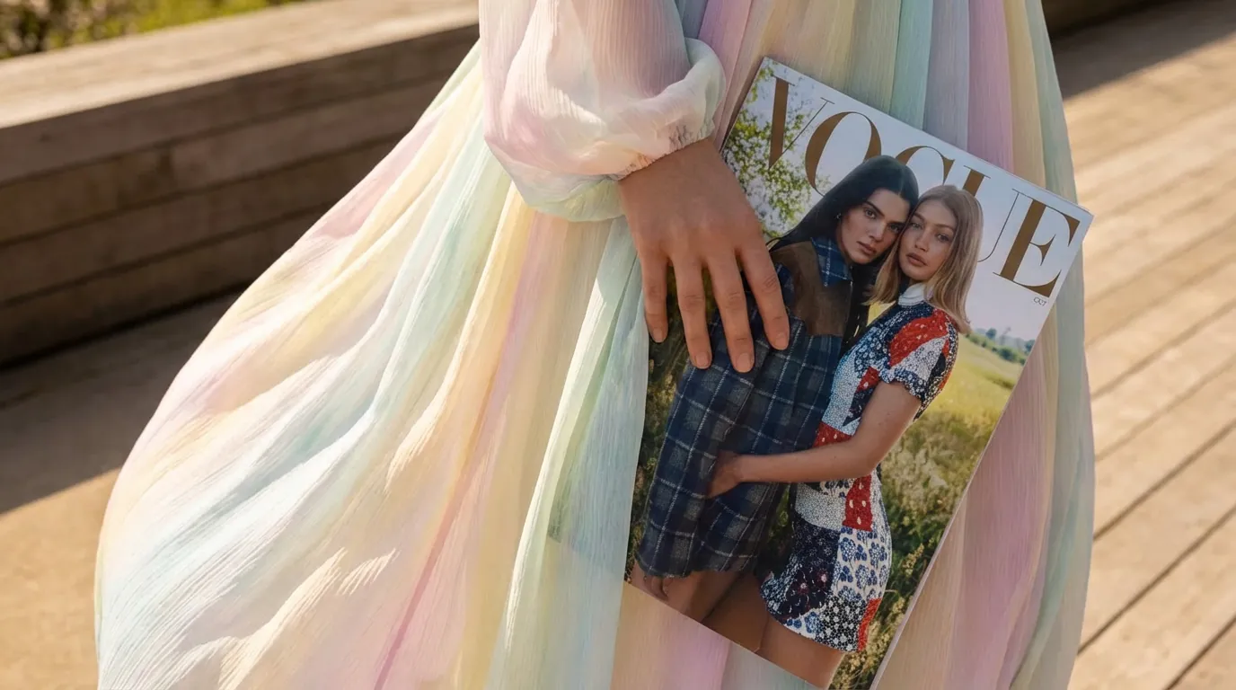 Generated lifestyle mockup: a cropped detail of a hand holding the magazine against the hip of a pastel rainbow chiffon dress, a sunlit wooden boardwalk behind.