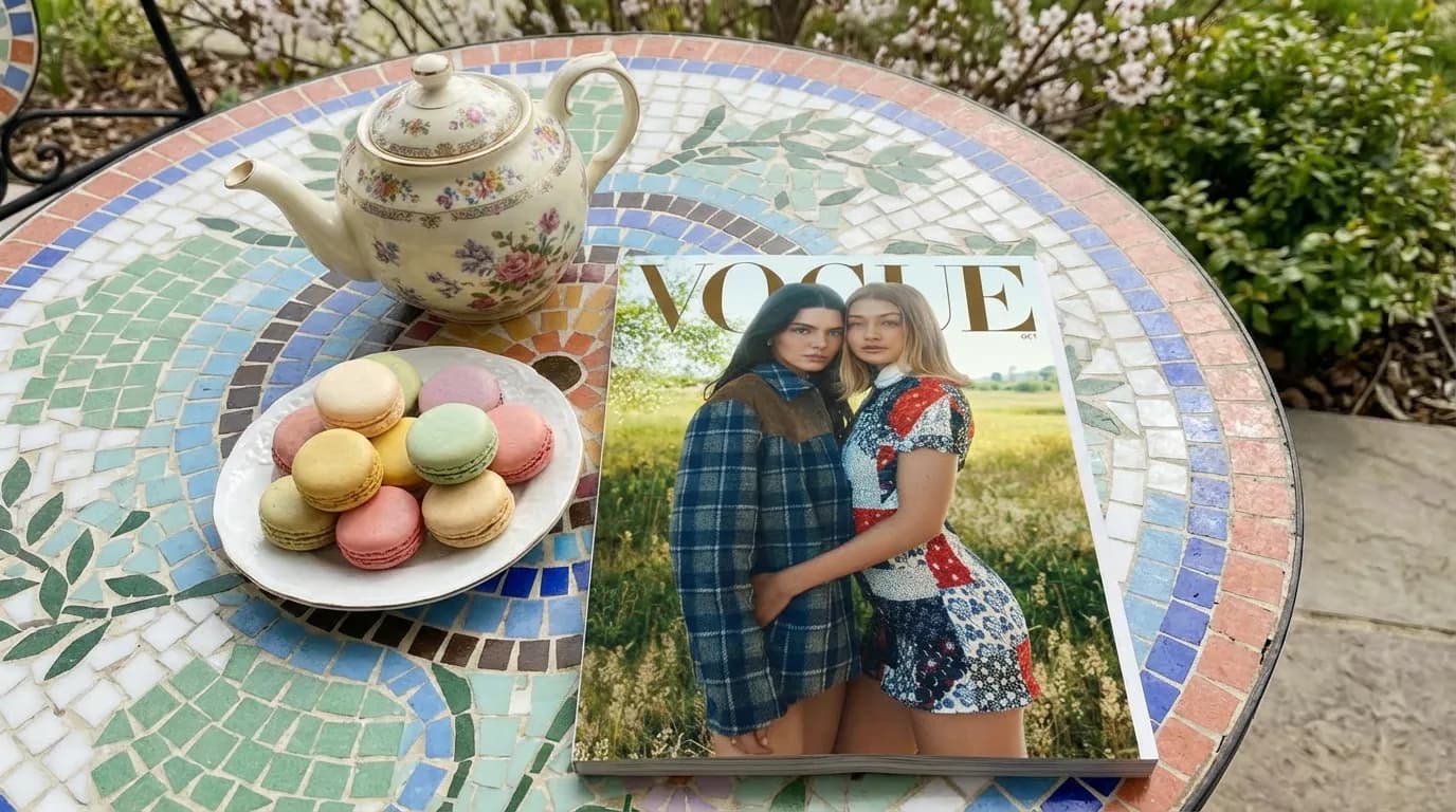 Generated lifestyle mockup: the magazine on a mosaic-tiled garden table beside a floral porcelain teapot and a plate of pastel macarons, blossom branches behind.
