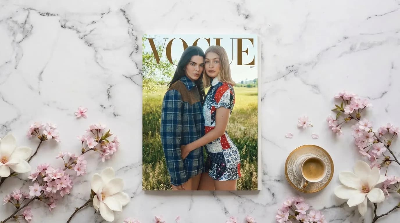 Generated lifestyle mockup: the magazine laid flat on white marble, framed by cherry blossom branches and white magnolias with a gold-rimmed espresso cup to the right.