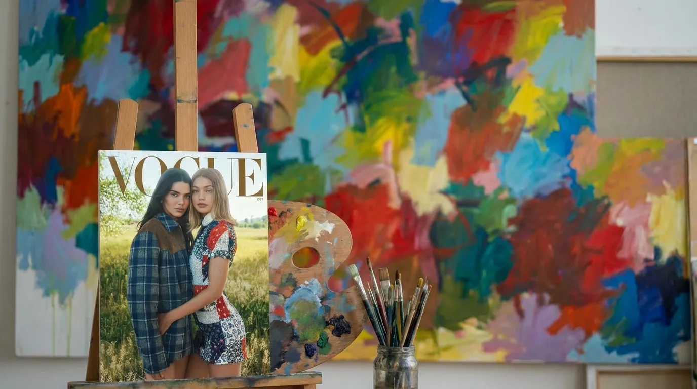 Generated lifestyle mockup: the magazine standing on a wooden easel beside a paint-smeared palette and a jar of brushes, with a large abstract canvas filling the wall behind.