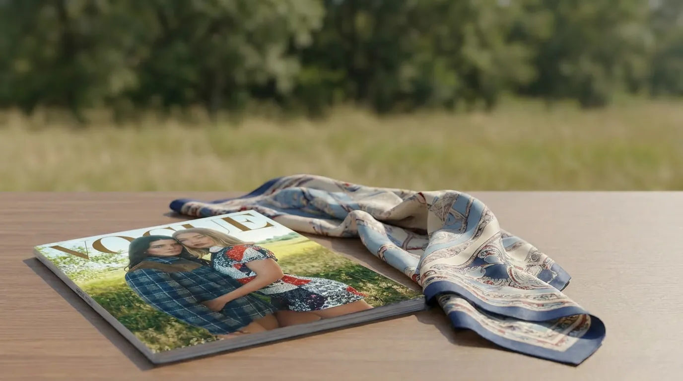 Generated lifestyle mockup: the magazine lying on a wooden outdoor table with a blue and cream paisley silk scarf pooled beside it, a sunlit meadow and treeline blurred behind.