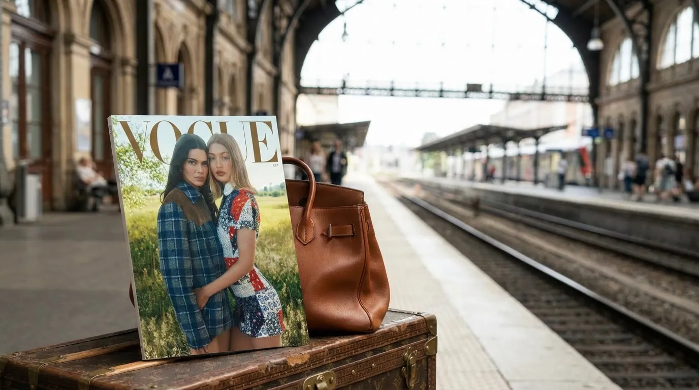 Generated lifestyle mockup: the magazine propped on a weathered leather trunk beside a tan leather bag on a historic train platform, tracks and iron canopy receding behind.