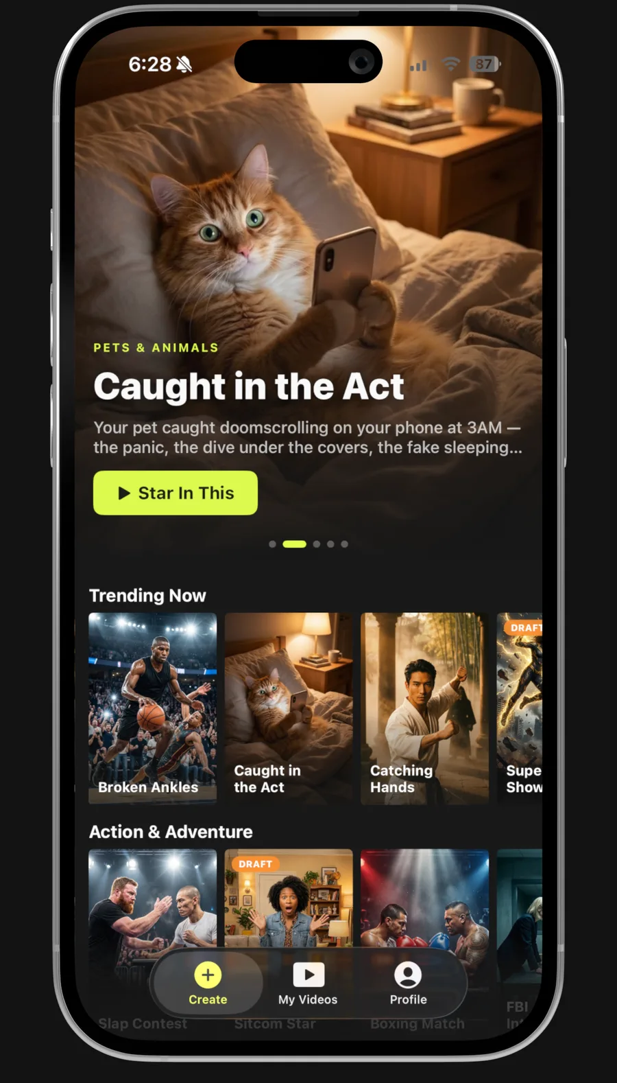 Real screenshot of the shipped Starrd iOS app: a dark phone screen showing a full-bleed scene template called "Caught in the Act" under the category PETS & ANIMALS, with a chartreuse "Star In This" button. Below it, horizontal rails labelled Trending Now and Action & Adventure carry template thumbnails: Broken Ankles, Catching Hands, Slap Contest, Sitcom Star, Boxing Match. A Create, My Videos and Profile tab bar sits at the bottom.