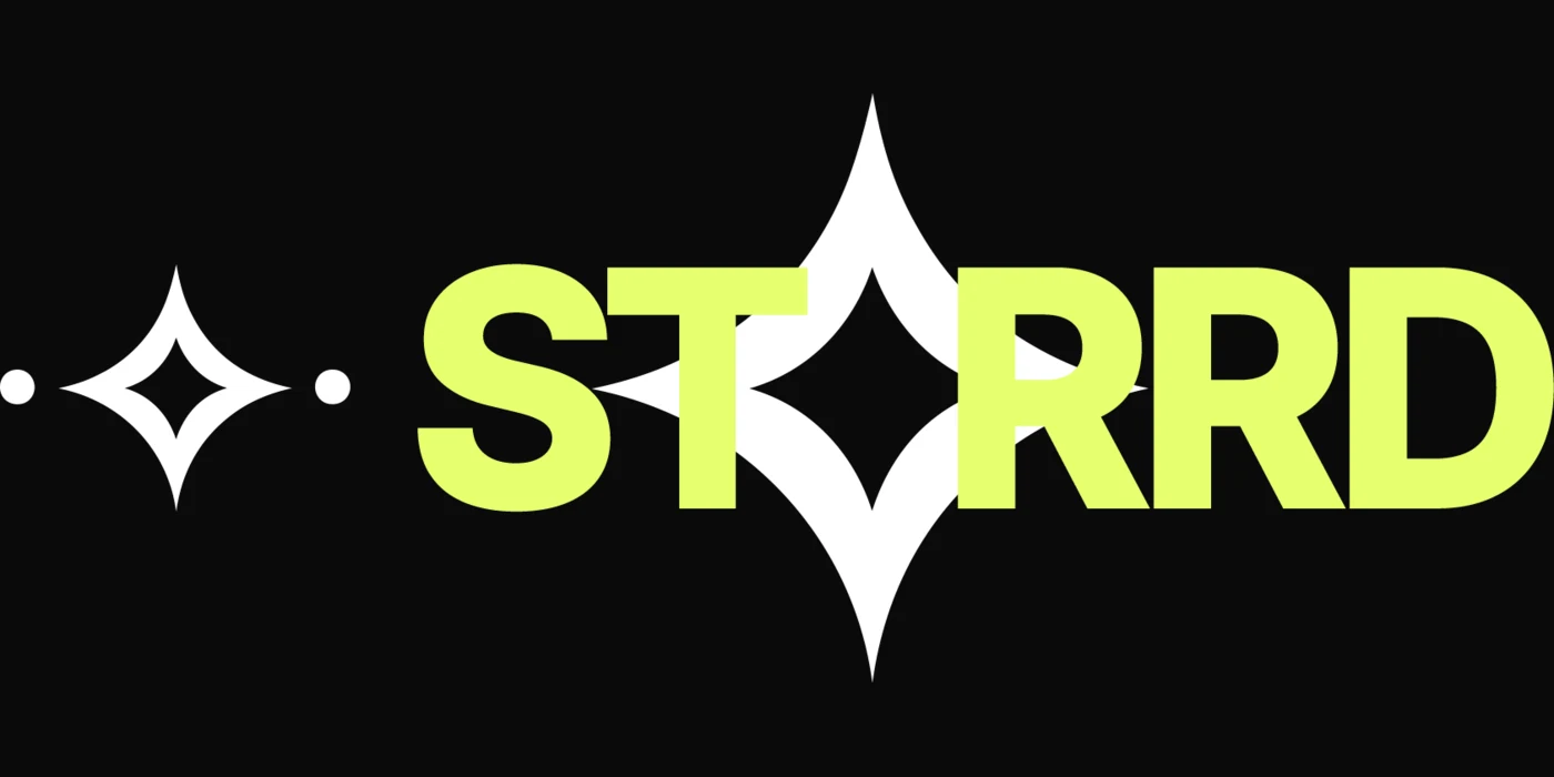 The primary Starrd lockup on near-black: a four-pointed star mark, flanked by two dots, followed by the wordmark STARRD set in heavy chartreuse type, where a second white star glyph stands in place of the letter A.
