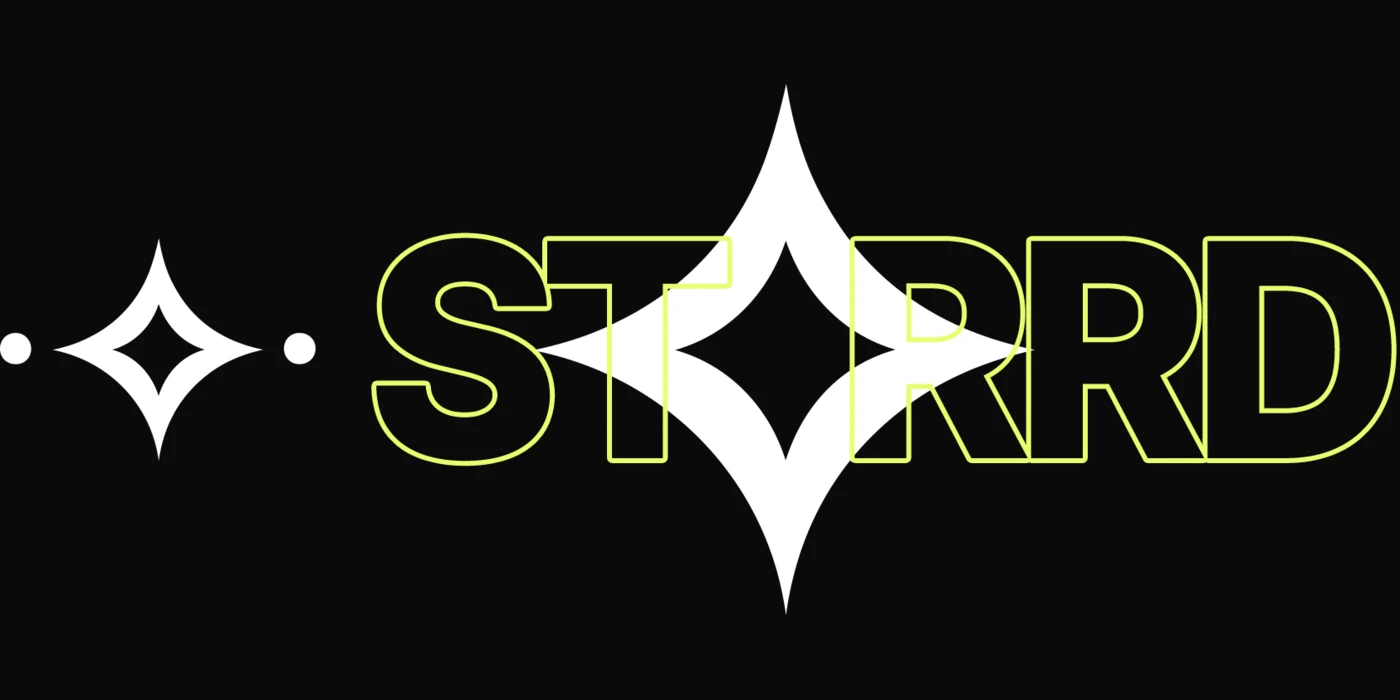 The outline variant of the Starrd lockup on near-black: the star mark solid white, and the wordmark STARRD drawn as thin chartreuse outlines rather than solid letters.