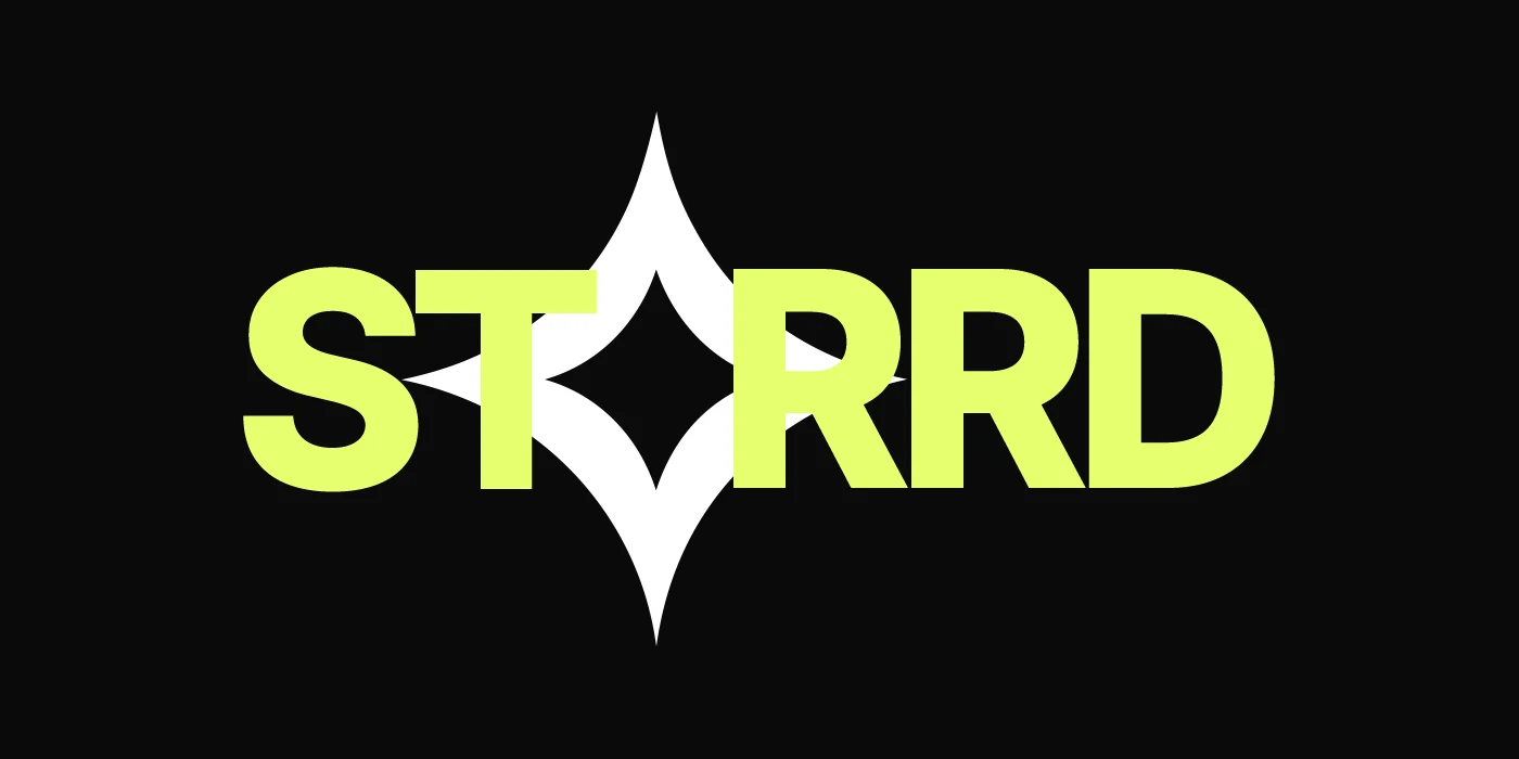 The Starrd wordmark on near-black: STARRD in heavy chartreuse letters with a white four-pointed star substituted for the letter A.