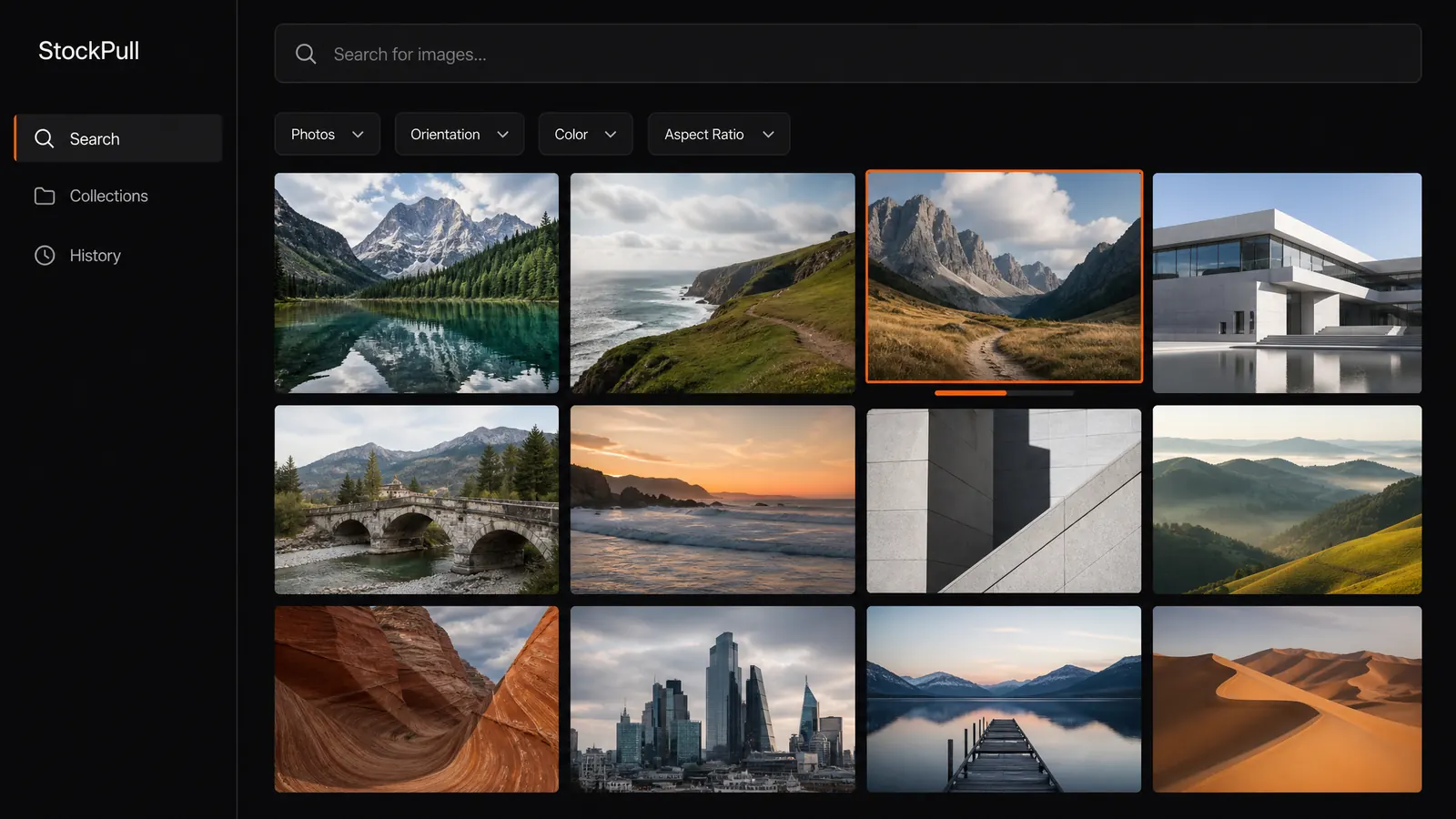 Concept mockup of a dark image-search interface: a sidebar reading StockPull above Search, Collections and History, one wide "Search for images…" field, a row of filter chips for Photos, Orientation, Color and Aspect Ratio, and a grid of unlabelled landscape and architecture photographs. One tile is outlined in vivid orange with a partly filled orange relevance bar beneath it.
