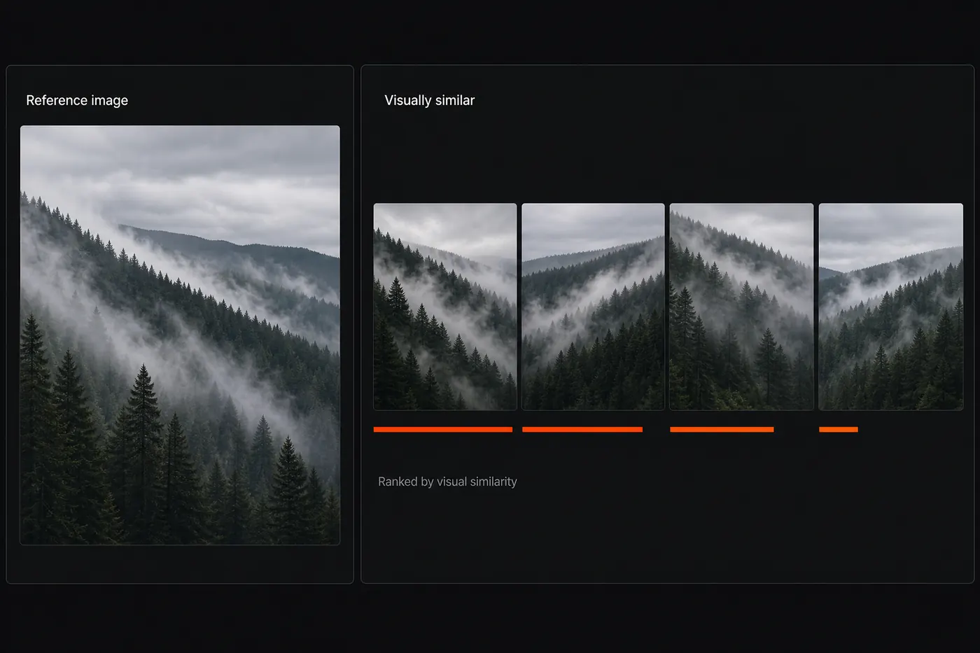 Concept mockup of a visual-similarity view: a large reference photograph of a fog-covered pine ridge on the left, and on the right a "Visually similar" row of four closely matching misty forest images, each above an orange relevance bar that steps shorter from left to right, under the caption "Ranked by visual similarity".